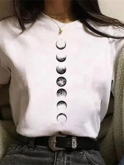 Majica velikih veličina Ženske bijele i crne majice New Funny Moon Print Moda T-shirt kratkih rukava s O izrezom Ljetne majice Ležerne majice