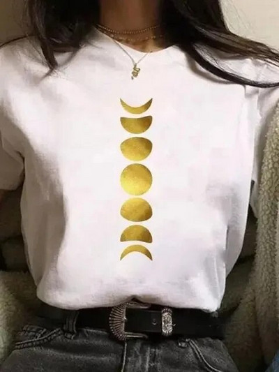 Majica velikih veličina Ženske bijele i crne majice New Funny Moon Print Moda T-shirt kratkih rukava s O izrezom Ljetne majice Ležerne majice
