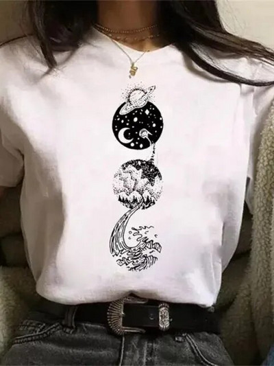 Majica velikih veličina Ženske bijele i crne majice New Funny Moon Print Moda T-shirt kratkih rukava s O izrezom Ljetne majice Ležerne majice
