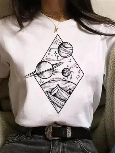 Majica velikih veličina Ženske bijele i crne majice New Funny Moon Print Moda T-shirt kratkih rukava s O izrezom Ljetne majice Ležerne majice