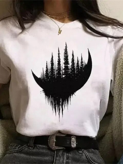 Majica velikih veličina Ženske bijele i crne majice New Funny Moon Print Moda T-shirt kratkih rukava s O izrezom Ljetne majice Ležerne majice