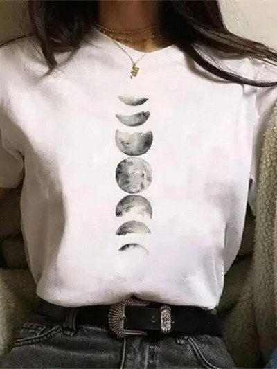 Majica velikih veličina Ženske bijele i crne majice New Funny Moon Print Moda T-shirt kratkih rukava s O izrezom Ljetne majice Ležerne majice