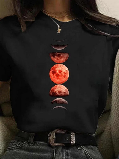 Majica velikih veličina Ženske bijele i crne majice New Funny Moon Print Moda T-shirt kratkih rukava s O izrezom Ljetne majice Ležerne majice