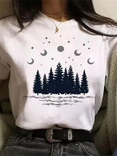 Majica velikih veličina Ženske bijele i crne majice New Funny Moon Print Moda T-shirt kratkih rukava s O izrezom Ljetne majice Ležerne majice