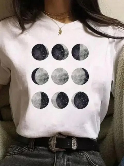Majica velikih veličina Ženske bijele i crne majice New Funny Moon Print Moda T-shirt kratkih rukava s O izrezom Ljetne majice Ležerne majice