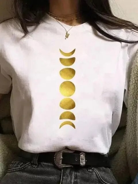 Majica velikih veličina Ženske bijele i crne majice New Funny Moon Print Moda T-shirt kratkih rukava s O izrezom Ljetne majice Ležerne majice