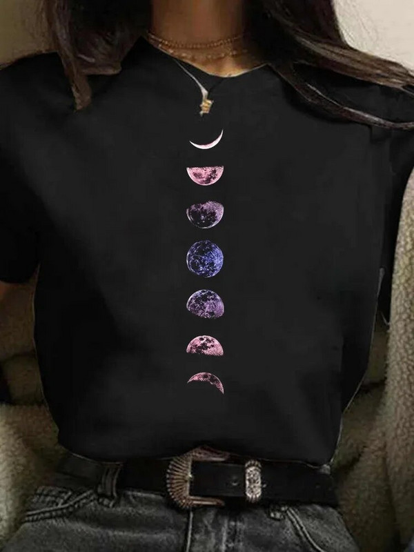 Majica velikih veličina Ženske bijele i crne majice New Funny Moon Print Moda T-shirt kratkih rukava s O izrezom Ljetne majice Ležerne majice
