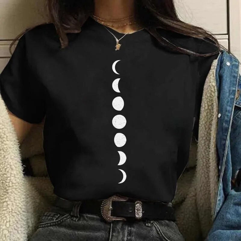 Majica velikih veličina Ženske bijele i crne majice New Funny Moon Print Moda T-shirt kratkih rukava s O izrezom Ljetne majice Ležerne majice
