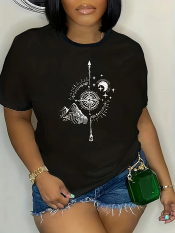 Дамска тениска с голям размер Памучна тениска с 3D щампа Love Oversize тениска с обло деколте Дамска тениска с широка долна част Черна горна част с къс ръкав