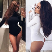Nouă modă sexy pentru femei cu gât roșu Bodycon Body cu mânecă lungă Salopetă negru alb Plus mărimea S-2XL