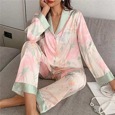 Set de pijamale pentru femei Pijamale de lux dulce din satin Cămașă cu mânecă lungă Pantaloni lungi Îmbrăcăminte de acasă Seturi de lenjerie de dormit pentru femei