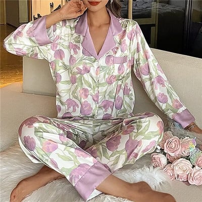 Set de pijamale pentru femei Pijamale de lux dulce din satin Cămașă cu mânecă lungă Pantaloni lungi Îmbrăcăminte de acasă Seturi de lenjerie de dormit pentru femei