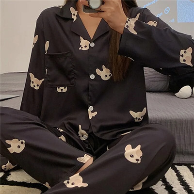 Set de pijamale pentru femei Pijamale de lux dulce din satin Cămașă cu mânecă lungă Pantaloni lungi Îmbrăcăminte de acasă Seturi de lenjerie de dormit pentru femei