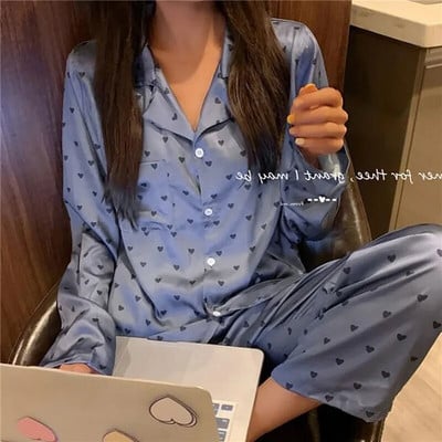 Set de pijamale pentru femei Pijamale de lux dulce din satin Cămașă cu mânecă lungă Pantaloni lungi Îmbrăcăminte de acasă Seturi de lenjerie de dormit pentru femei