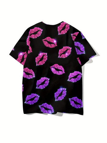 Лятна тениска с големи размери Дамска тениска с 3D печат Секси устни Дамска дишаща тениска Oversized Улична тениска с къс ръкав и кръгло деколте