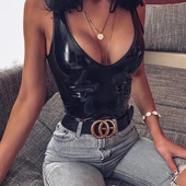 Body negru din piele pentru femei, 2021, cu decolteu în V, fără spate, body sexy, bodycon, vară, pu, negru, pentru femei