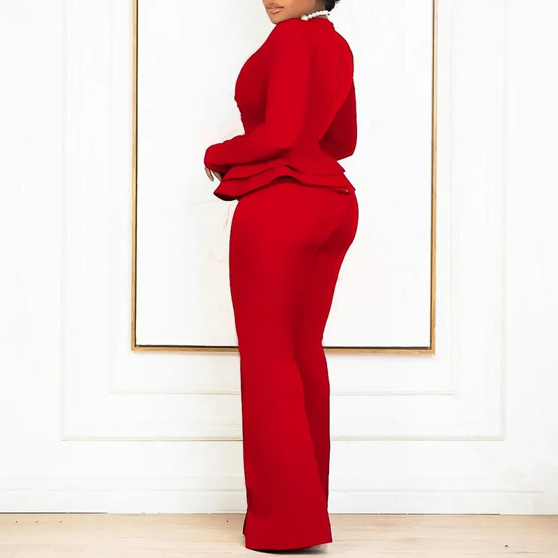 Zimski modni jednobojni dvodijelni komplet velikih veličina Ženski seksi top s volanima s V-izrezom i elegantni dvodijelni komplet hlača