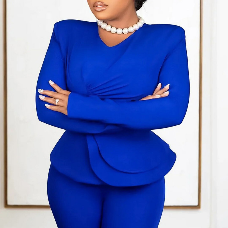 Zimski modni jednobojni dvodijelni komplet velikih veličina Ženski seksi top s volanima s V-izrezom i elegantni dvodijelni komplet hlača