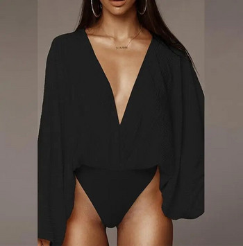 Дълбоко V-образно деколте пачуърк Секси боди Дамско модно свободно дамско комбинезон с дълъг ръкав Пролетно ежедневно боди Гащеризон 2020