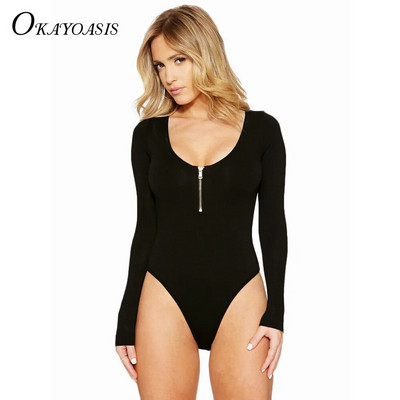 Fermoar frontal Decolteu în V adânc Sexy Plunge Femei Body cu mânecă lungă Toamnă Casual Negru Petrecere 2017 Salopetă dintr-o singură bucată Romper