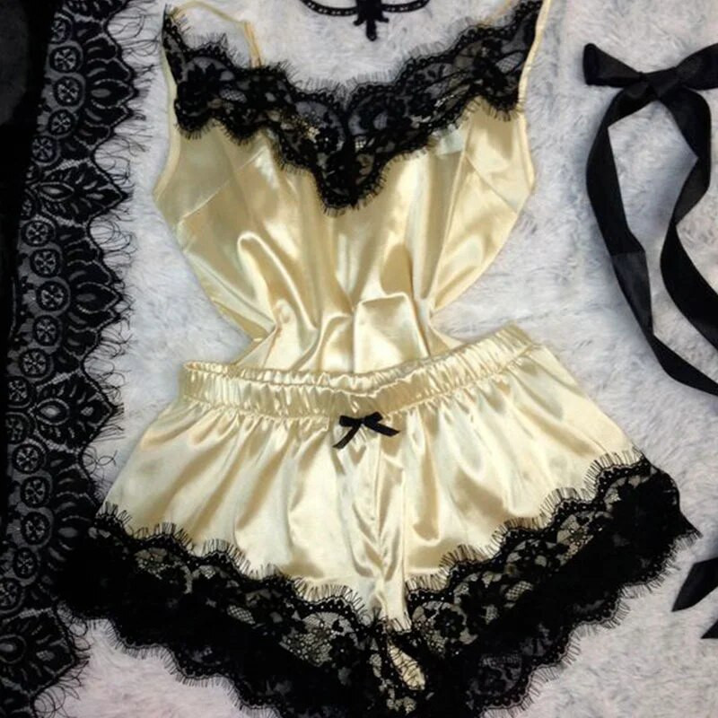 2022 női hálóruha szexi csipkés szatén pizsama szettek Hálóruha ujjatlan felsők+rövid nadrágok 2 db női pizsama