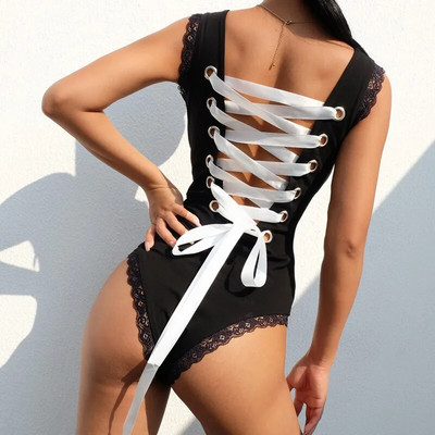 Body cu șireturi leopard fără spate Salopete sexy pentru femei Body Fitness 2019 Catsuit fără mâneci Tricou pentru dama