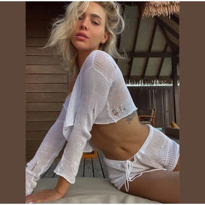 2023-as szexi Beach Crop felső rövidnadrág szettek női kötött, hosszú ujjú, fűzős női öltöny, nyári szünet, átlátszó 2 részes női szett