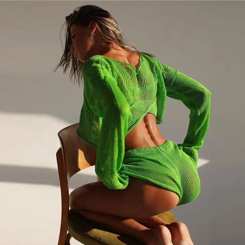 2023-as szexi Beach Crop felső rövidnadrág szettek női kötött, hosszú ujjú, fűzős női öltöny, nyári szünet, átlátszó 2 részes női szett