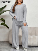 GIBSIE Ženska dvodijelna odjeća veće veličine za kućni stil, jesenska, ležerna majica s O-izrezom i dugim rukavima s porubom s resicama i kompleti hlača širokih nogavica