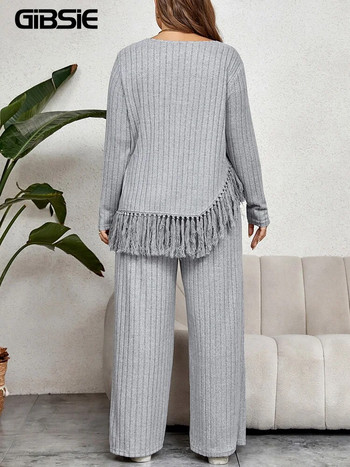 GIBSIE Плюс размер Дамско облекло в домашен стил от две части Есенни ежедневни горнища с О-образно деколте и дълги ръкави с пискюли и панталони с широки крачоли