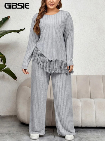 GIBSIE Плюс размер Дамско облекло в домашен стил от две части Есенни ежедневни горнища с О-образно деколте и дълги ръкави с пискюли и панталони с широки крачоли