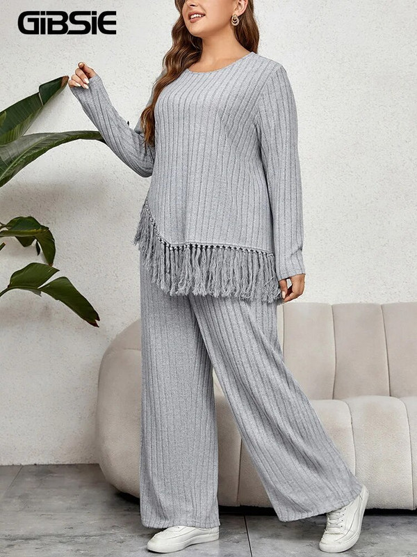 GIBSIE Ženska dvodijelna odjeća veće veličine za kućni stil, jesenska, ležerna majica s O-izrezom i dugim rukavima s porubom s resicama i kompleti hlača širokih nogavica