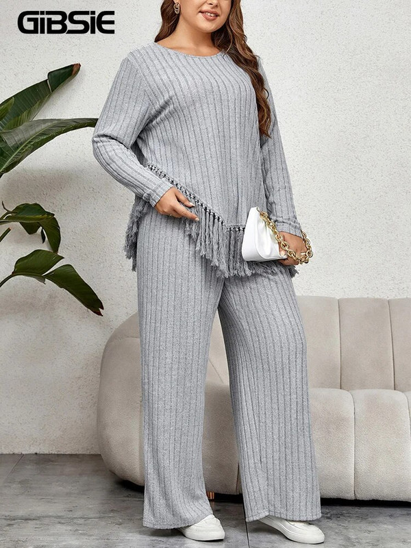 GIBSIE Ženska dvodijelna odjeća veće veličine za kućni stil, jesenska, ležerna majica s O-izrezom i dugim rukavima s porubom s resicama i kompleti hlača širokih nogavica