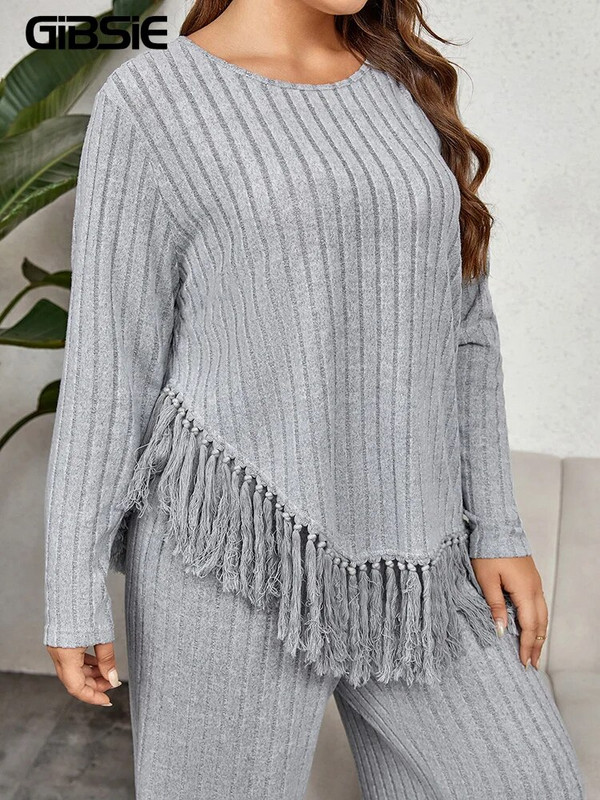 GIBSIE Ženska dvodijelna odjeća veće veličine za kućni stil, jesenska, ležerna majica s O-izrezom i dugim rukavima s porubom s resicama i kompleti hlača širokih nogavica