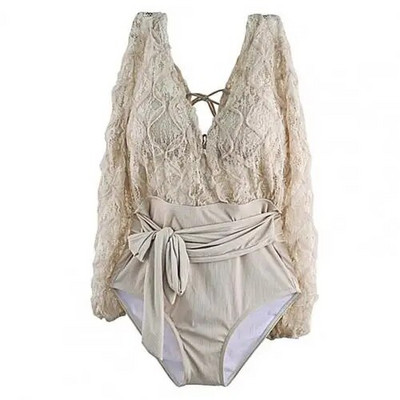 Monokini sexy din dantelă pentru femei Body cu mânecă lungă dintr-o bucată Costum de baie Bikini pentru femei Salopetă de plajă Costum de baie Body pentru femei