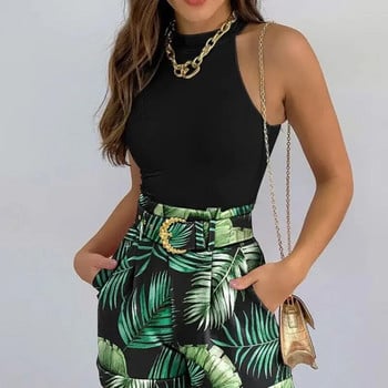 Γυναικεία μόδα Καλοκαιρινό σετ δύο τεμαχίων Αμάνικα λουλουδάτα πουκάμισα + κοντό παντελόνι Γυναικείο κομψό σετ Y2K 2 τεμ Streetwear