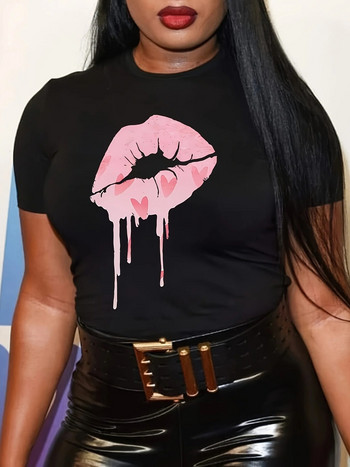 Hip Hop Plus Size Βαμβακερό γυναικείο μπλουζάκι σε γοτθικό στυλ Κόκκινα χείλη με εμπριμέ μπλουζάκι με στρογγυλή λαιμόκοψη Oversized Μπλουζάκι με φαρδύ κάτω μέρος