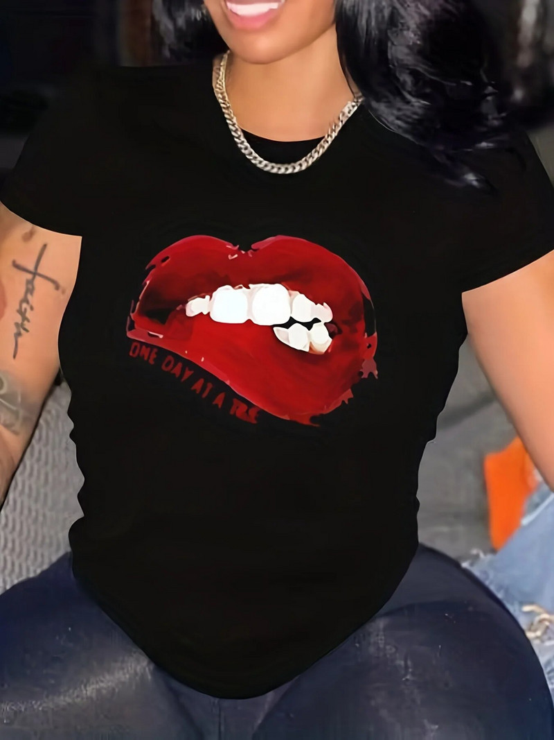 Hip hop pamučna ženska majica velikih veličina Gothic Style Red Lips Printed Street Okrugli izrez Prevelika majica kratkih rukava Široki donji dio