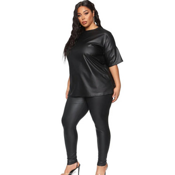 PU Two Piece Plus Size Γυναικεία Σετ Παντελόνια Μόδα Streetwear Μαύρο μπλουζάκι μισό μανίκι ελαστικό παντελόνι μέσης Χονδρική Dropshipping