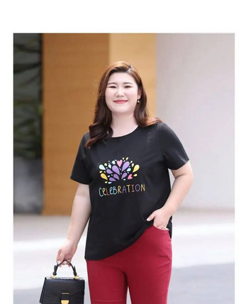 Summer Plus Size Γυναικείο Πουκάμισο Γυναικείο από καθαρό βαμβακερό κοντομάνικο μπλουζάκι CELEBRATION εμπριμέ μπλουζάκι με ελαστικότητα
