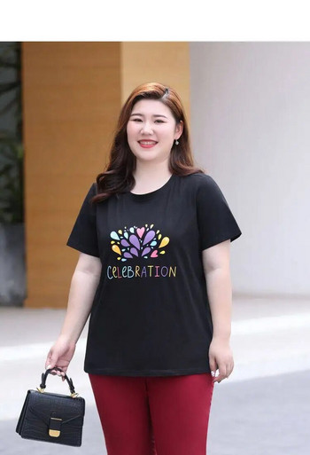 Summer Plus Size Γυναικείο Πουκάμισο Γυναικείο από καθαρό βαμβακερό κοντομάνικο μπλουζάκι CELEBRATION εμπριμέ μπλουζάκι με ελαστικότητα