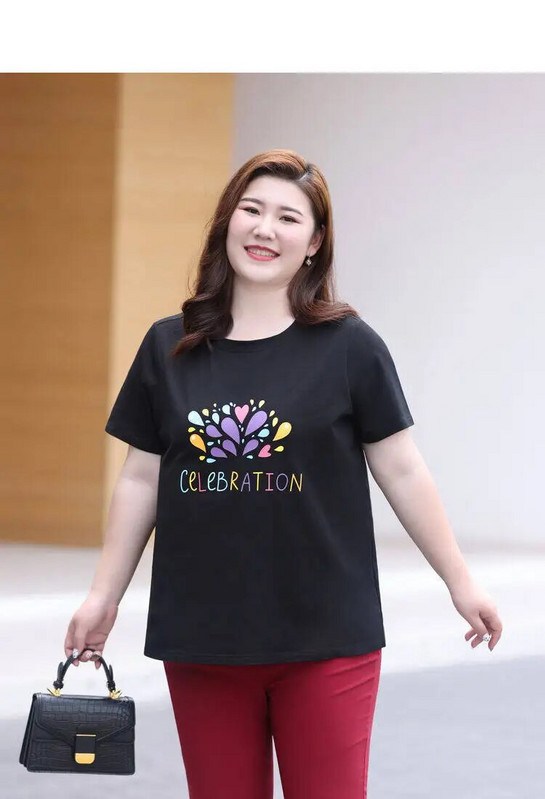 Vasaros didelio dydžio moteriški apatiniai marškinėliai Moteriški grynos medvilnės marškinėliai trumpomis rankovėmis CELEBRATION Spausdinti viršuje su elastingumu