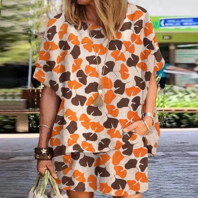 Vasaros mados naujas moteriškas rinkinys su taškeliais apvaliu kaklu Laisvi trumpomis rankovėmis marškinėliai Šortai Elegantiškas moteriškas dviejų dalių rinkinys