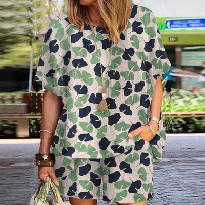 Vasaros mados naujas moteriškas rinkinys su taškeliais apvaliu kaklu Laisvi trumpomis rankovėmis marškinėliai Šortai Elegantiškas moteriškas dviejų dalių rinkinys