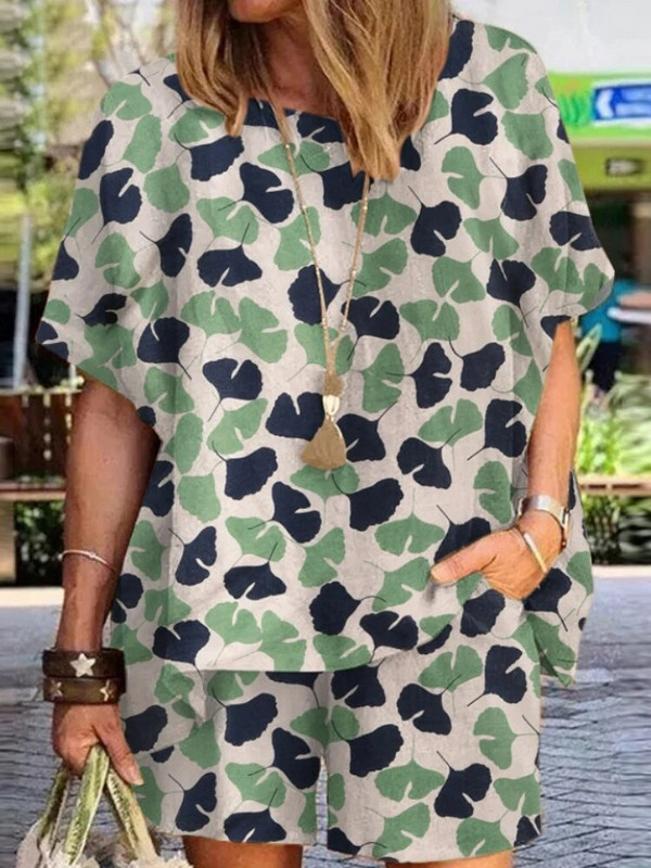 Vasaros mados naujas moteriškas rinkinys su taškeliais apvaliu kaklu Laisvi trumpomis rankovėmis marškinėliai Šortai Elegantiškas moteriškas dviejų dalių rinkinys