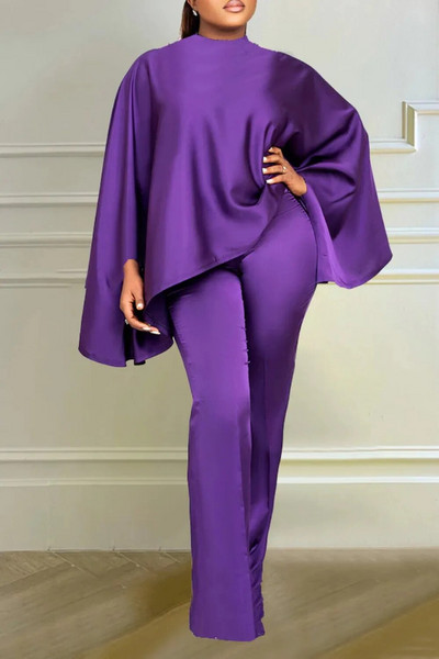Set de două piese din satin solid la modă de iarnă de mărimi mari pentru femei, cu gât rotund, cu mâneci liliac, pantaloni drepti, set elegant din două piese
