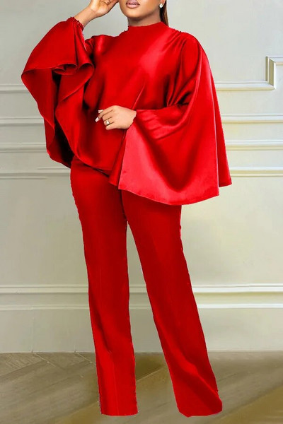 Set de două piese din satin solid la modă de iarnă de mărimi mari pentru femei, cu gât rotund, cu mâneci liliac, pantaloni drepti, set elegant din două piese