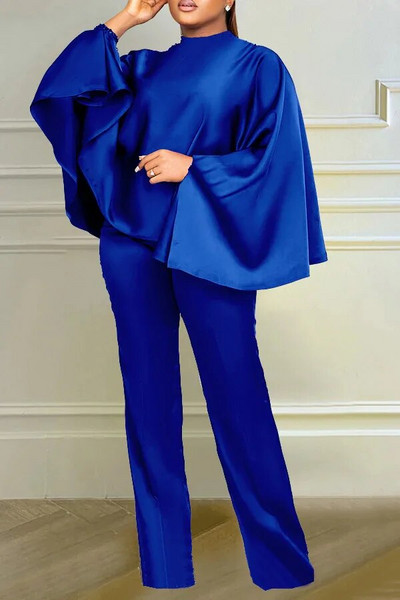 Set de două piese din satin solid la modă de iarnă de mărimi mari pentru femei, cu gât rotund, cu mâneci liliac, pantaloni drepti, set elegant din două piese