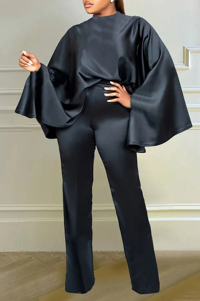 Set de două piese din satin solid la modă de iarnă de mărimi mari pentru femei, cu gât rotund, cu mâneci liliac, pantaloni drepti, set elegant din două piese