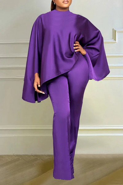 Set de două piese din satin solid la modă de iarnă de mărimi mari pentru femei, cu gât rotund, cu mâneci liliac, pantaloni drepti, set elegant din două piese